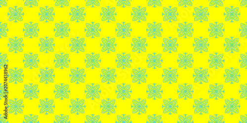 Konstfotografi Seamless geometric pattern with green thin line butterfly ornament on bright yellow background