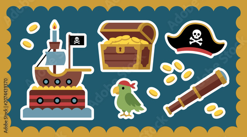Photography Pirate ship sails through ocean with treasure chest gold coins parrot and spygla