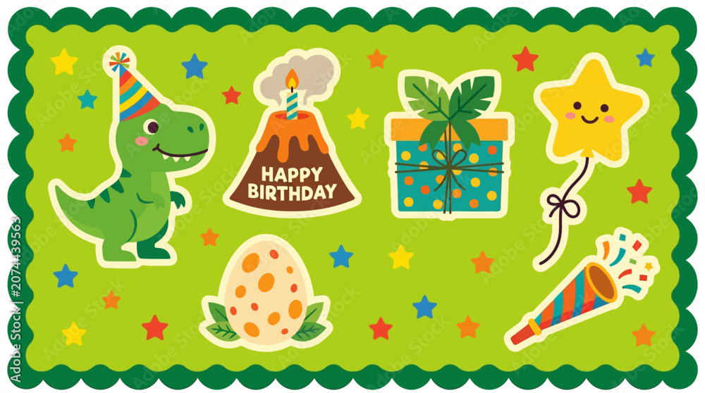 Naklejka premium A colorful illustration of a dinosaur wearing a party hat celebrates a birthday with a volcano, gifts, and festive decorations.