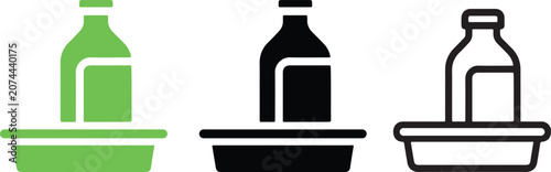 Medical bottle on tray icon set in flat color, silhouette, and outline styles