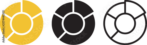 Donut chart and pie chart icon set in flat color, silhouette, and outline styles