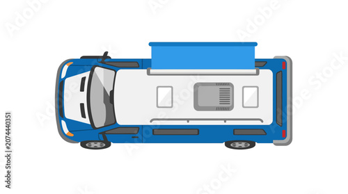 Top view of a blue camper van with pop-up roof, isolated on white background