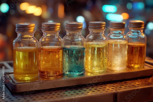 Six colorful liquids in small glass bottles on a shiny metal tray. Ideal for science, mixology, essential oils, or chemical testing concepts.