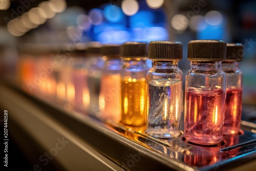 Close-up of glass vials with colorful liquids and dark caps in a row. Ideal for showcasing scientific research, discovery, or cosmetic formulations.