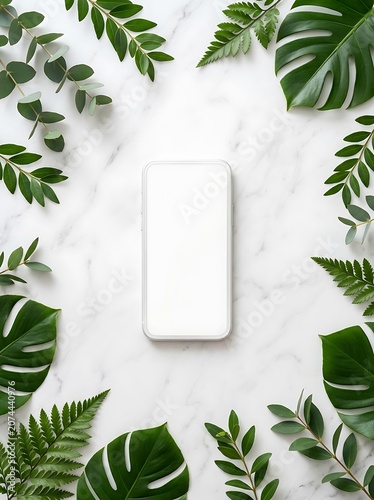 Smartphone surrounded by green leaves on white marble surface
