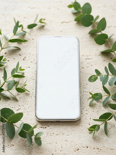Smartphone surrounded by green eucalyptus leaves on beige stone surface