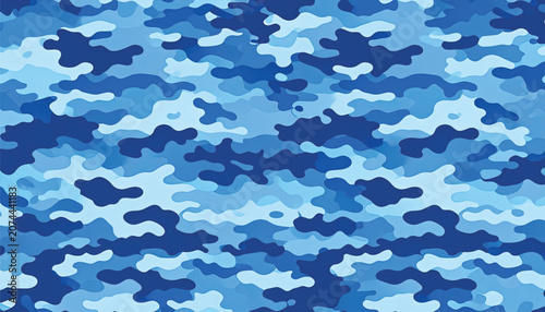 Blue Camouflage Pattern Fabric Texture.