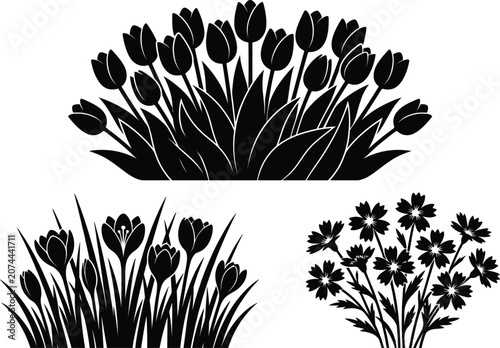 Solid black garden flower bed silhouette vector set with tulip and crocus grass clusters