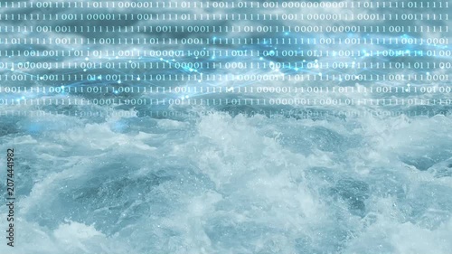 water texture with binary code overlay and grid wave from nodes and lines, motion graphics overlay concept for digitization and tokenization of water resource 