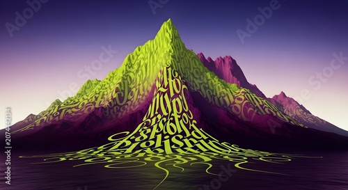 Abstract mountain landscape with flowing calligraphy and reflections