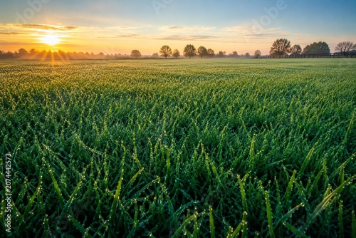 Kentucky bluegrass field at dawn with dew drops reflecting blue-green light.