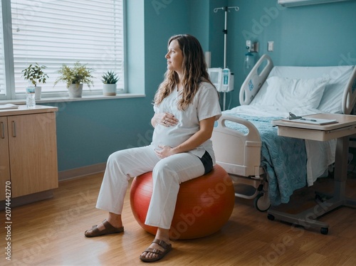 Pregnant woman sits on exercise ball in hospital room for birth preparation