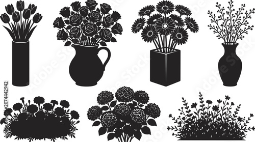 Solid black flower vase silhouette vector set with decorative potted plant and garden shrub icons
