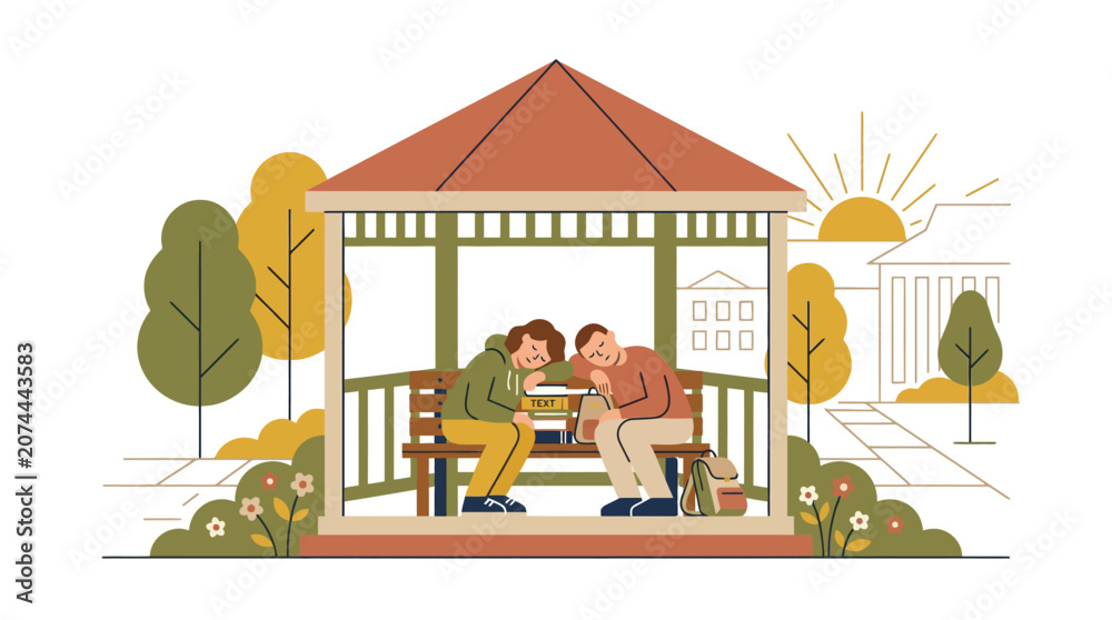 Obraz premium Two friends sharing secrets in a park gazebo, autumn setting