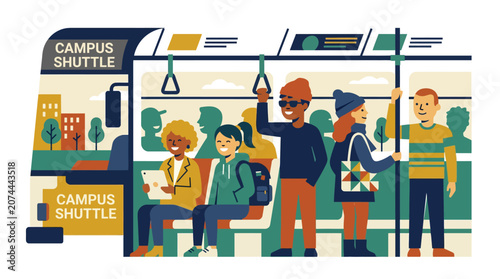 Diverse students riding campus shuttle bus, modern urban transport illustration