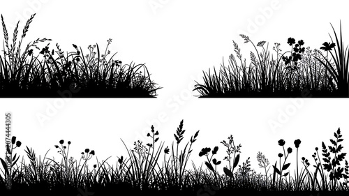 Set of grass silhouettes for design. vector black isolated lawn on white background. set of meadow plants in silhouette.