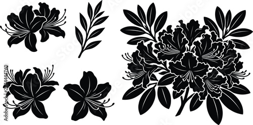 Solid black rhododendron flower bush silhouette vector set with decorative azalea blossoms