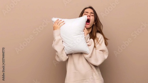 A woman holding a pillow, yawning as she stretches, standing against a beige background