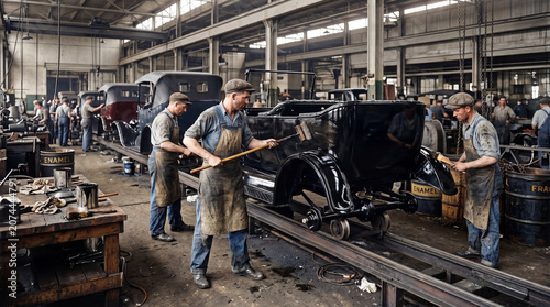 Workers applying paint and assembling vintage cars on an early 20th century factory assembly line, showing mass production