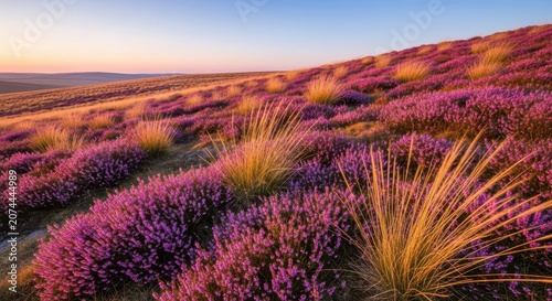Purple flowering heather and dry moorland grasses blanket the rugged hillside, capturing the wild beauty of the landscape, hill, flower, meadow