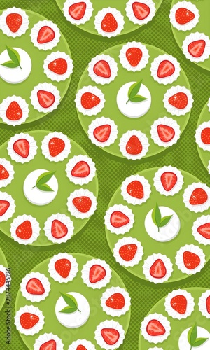 Strawberry Cream Matcha Cake Pattern Background Green, Sweet Green Tea Dessert Seamless Wallpaper Vertical