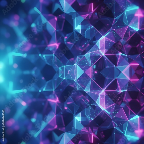 Futuristic Neon Abstract Polygonal AI Technology Background with Glowing Geometric Shapes and Copy Space. 