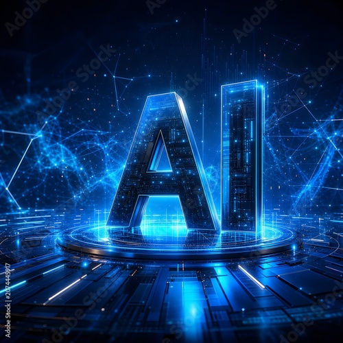 Futuristic AI Technology Background with Glowing Artificial Intelligence Letters, Digital Network and Cyber Innovation Concept. 