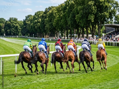 Jockeys and horses racing on a green track at a professional horse racing event.