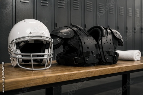 White football helmet and black shoulder pads on wooden bench in locker room, concept of American football protective gear and pre-game preparation