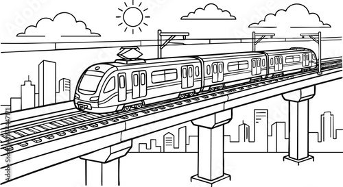 Tableau sur toile Modern elevated passenger train on city bridge track with transport commuter loc