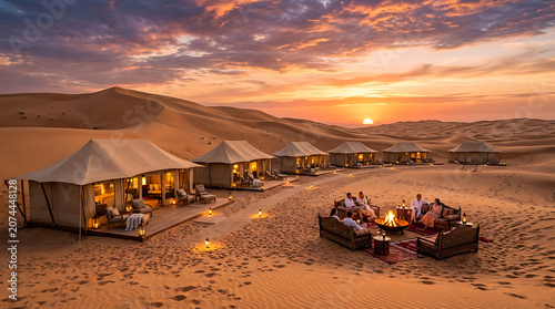Luxury desert encampment under dramatic sunset with people relaxing by fire