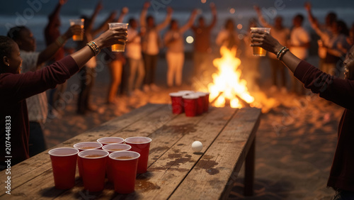Friends cheering with drinks at a lively beach party bonfire with a beer pong game, celebration and festive social gathering at night.
