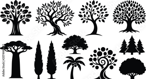 Solid black tree silhouette vector bundle with olive baobab cypress palm and pine tree icons