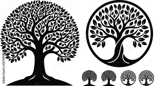 Solid black tree of life emblem vector set with decorative round leafy canopy silhouette icons