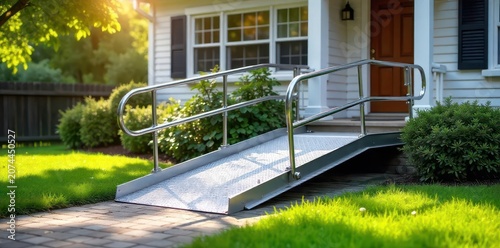 A metal wheelchair ramp leading up to a home's entrance, providing accessibility for individuals with disabilities, accessibility ramp, barrier-free