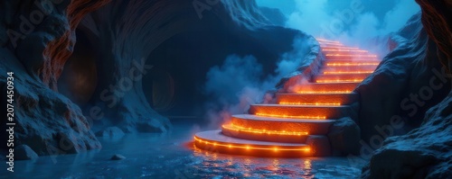 A mystical and enchanting illuminated circular staircase with glowing orange steps set against a background of blue smoke , enchanting, mysterious