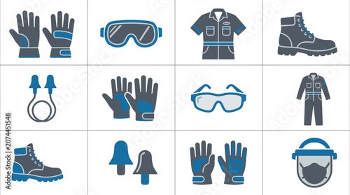 Set of industrial safety equipment icons: gloves, goggles, boots, earplugs, and uniform.