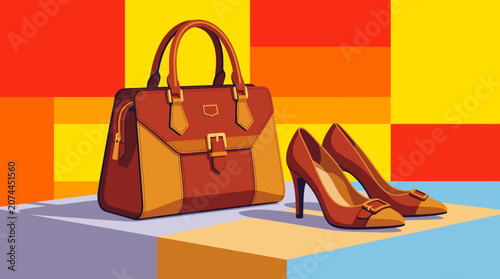 Modern women's genuine leather handbag and classic pumps shoes set with refined fashion details