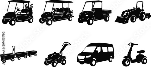 Fotografie Black silhouette icons of golf carts, utility vehicles, tractor, lawn mower, van