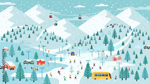 Obraz na plátně Ski Resort Scene A Colorful Vector Illustration With Snow Covered Mountains