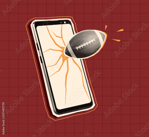 Halftone mixed media collage of an American football breaking out of a cracked smartphone screen.