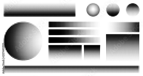 Set of monochrome halftone gradient elements. Stipple fade. Shapes including circles, bars, and rectangular dot patterns.