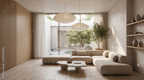 Minimalist Japandi Living Room Interior Design Soft Beige Tones Natural Wood Texture Organic Coffee Table Large Paper Lantern Pendants Serene Indoor Garden View High End Contemporary Home Decor Style