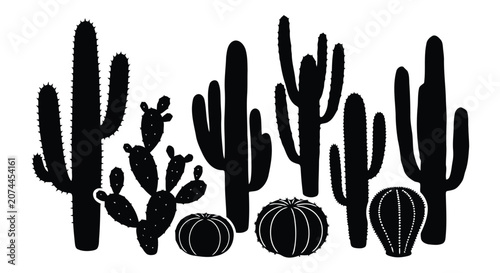 Tableau sur toile Black cactus silhouettes on white background