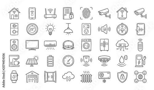 Foto Smart Home Hand Drawn Doodle Line Icons Set with Home Automation Security and Co