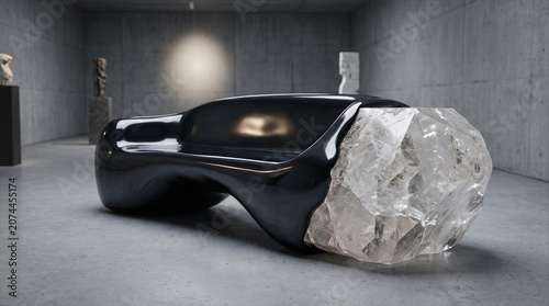 Futuristic Black Organic Sofa Featuring Massive Raw Quartz Crystal Inclusion Modern Minimalist Luxury Furniture Design Artistic Concept For Interior Architecture Visualization, Industrial, Exhibition