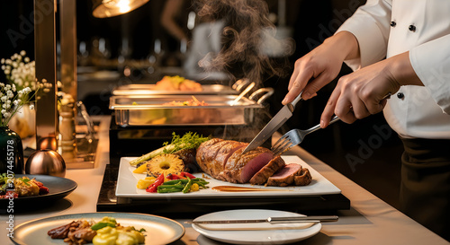Professional chef cutting grilled beef steak with a knife and fork in a luxury restaurant kitchen