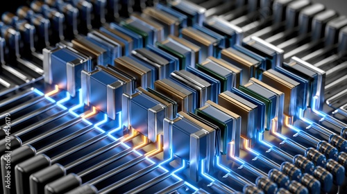 Microchip processor arrays feature complex circuitry and glowing conduits to represent the future of advanced computing power.