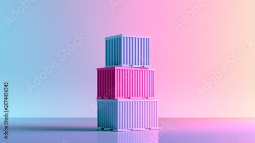 Shipping containers stacked vertically feature vibrant neon lighting against a soft gradient background in this unique setup.