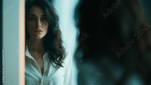 Woman stands before a mirror examining her appearance with a focused gaze in a quiet and minimalist residential room area.
